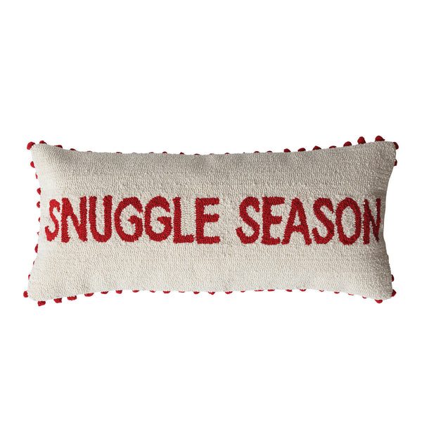 Tufted Lumbar Pillow with Pom Pom Trim "Snuggle Season", Natural & Red